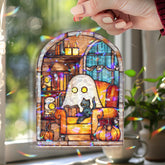 Cozy Ghost Reading Acrylic Wavy Suncatcher Ornament, Spooky Halloween Decor with Cat, Pumpkin & Books, Cottagecore Ghost Lover Gift